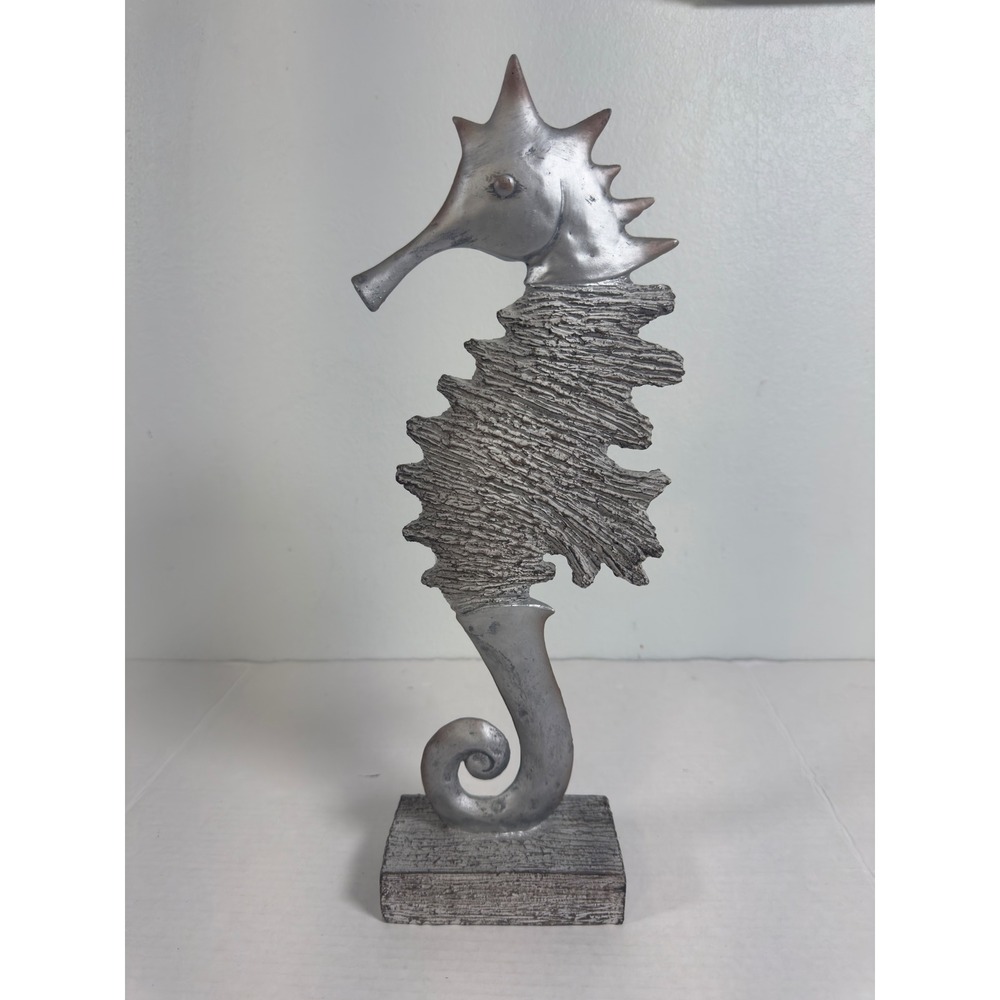 Old Time Pottery Seahorse Statue 17.5in Silver Resin Coastal Decor Beach Ocean